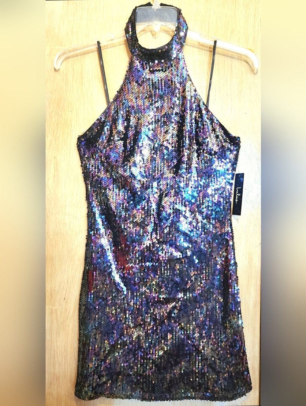 NWT Lulus Halter Top Dress Womens Small Bodycon Purple Blue Gold Sequins